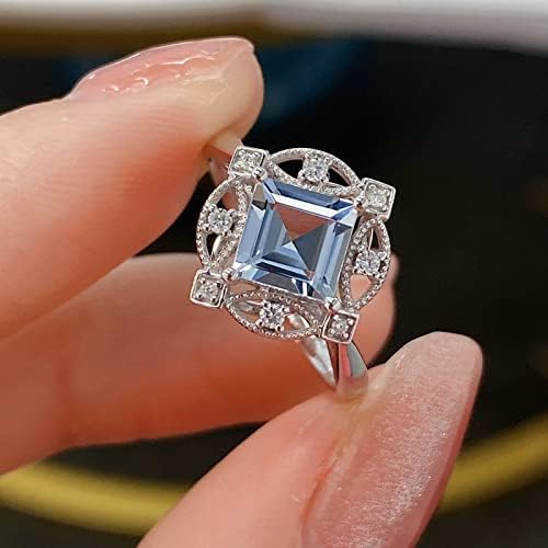 2023 Novo Princess Cut Aquamarine noivado Anel de noiva Anel Vintage Birthstone Bridal Solitaire Ring for