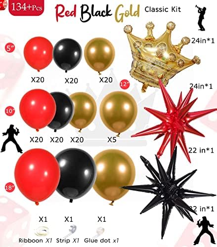 Kit de guirlanda de balão de ouro preto e vermelho 135pcs Latex Chrome Gold e Crown Star Balloons