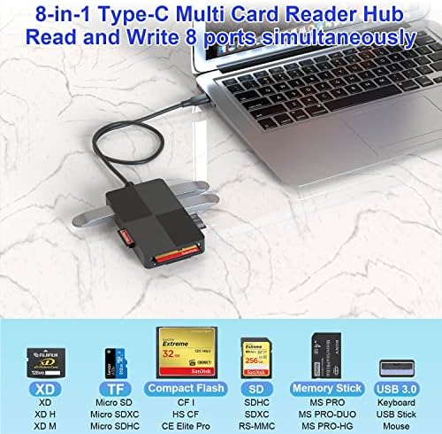 USB C Leitor de leitores de vários cartões, tipo C LEITOR DE 5 GBPS XD com slots de 5 cartões e 3 hub USB3.0 para