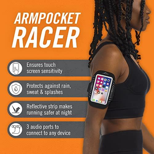 Armpocket Racer Plus Arm Band, titular de telefone em execução para iPhone 12/13 Mini, Galaxy S7 Edge, Pixel 4A e dispositivos sem casos de até 6,3 polegadas, alça preta de 10 a 15 polegadas