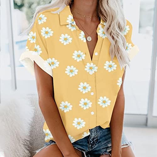 Camisetas de botão de impressão floral para mulheres de manga curta V Blouse de pescoço de colarinho de verão Túps de negócios casuais soltos de túnica