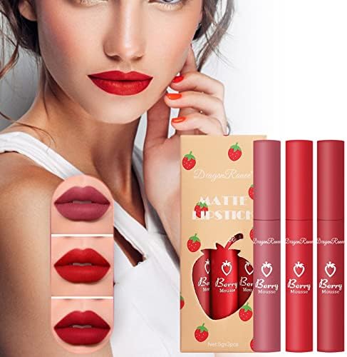 Suanlatds 3 PCs Strawberry Matte Lipstick Conjunto para mulheres, copo fofo de brilho labial -