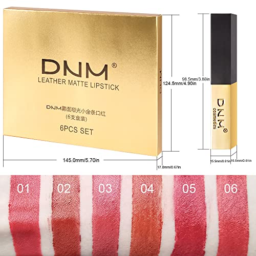 Bingbrush DNM 6 cores Conjunto de embalagem de batom fosco vermelho, conjunto de presentes de maquiagem de mancha de lábios de veludo sedosa à prova d'água para meninas e mulheres labiais, batom de tubo quadrado dourado