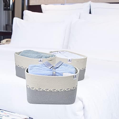 Rithlela 3 pacote cestas de tecido 15 x10 x9 cestas de armazenamento de corda de algodão para organizar caixas decorativas dobráveis ​​para o bebê cesta para armazenamento de berçário para roupas, brinquedo cinza e branco