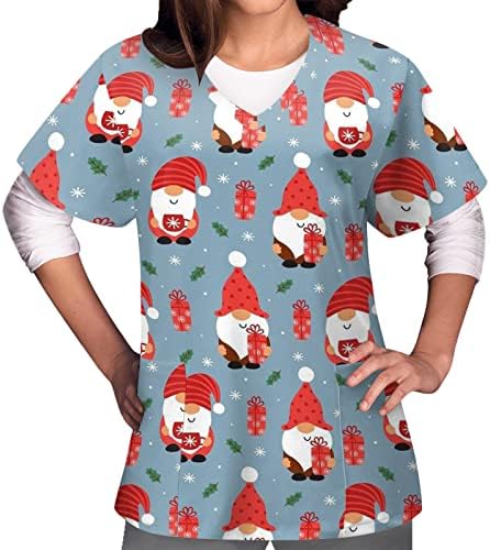 Camisas de Natal para mulheres Casual Manga curta Caminho em V uniforme de trabalho de impressão de impressão de