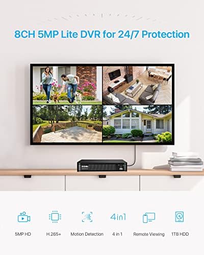 Zosi 1080p H.265+ Sistema de câmera de segurança em casa, DVR de vigilância de 5MP de 8 mp de 8 canais