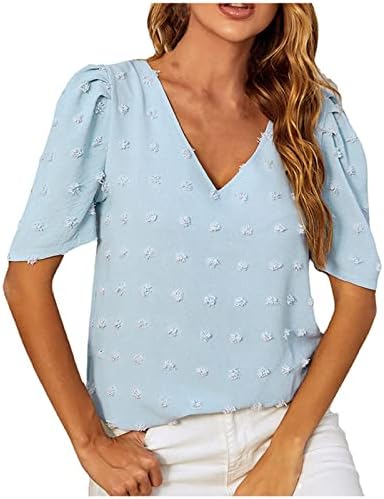 Crochet Ladies Chiffon Summer Top Casual Solid Color V Neck Puff Sleeves Camise
