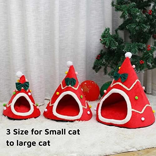 Cama de gato semi -fechada de Natal - Conjunto 2pcs Árvore de Natal Casa Cat Cat Cat Cat Soft Cave Bed Cushion
