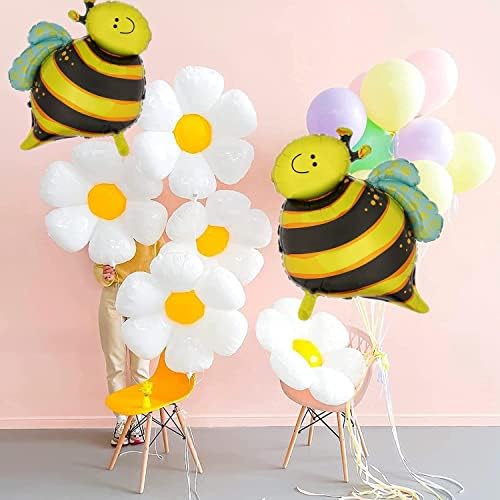 Balões de almasia de abelha, alumínio Mylar Bumble Bee Balões enormes balões de flores brancas felizes de