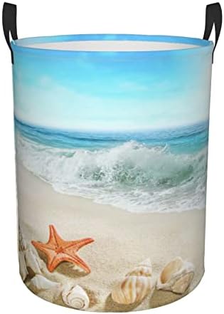 Cascas de lavanderia de estrelas do mar de conchas de praia, alça de banda de desgaste à prova d'água, cesta de lavanderia para quarto e lavanderia