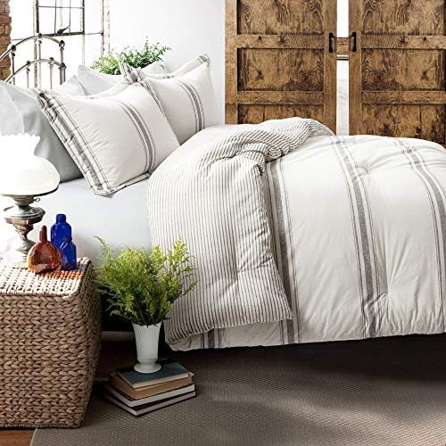 Lush Decor Farmhouse Stripe de 3 peças Conjunto de roupas de cama reversível, cheio/rainha, cinza