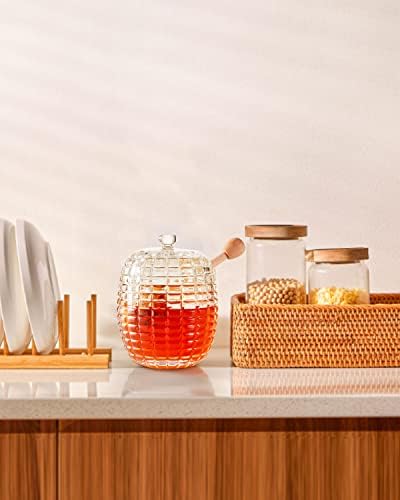 Jarra de mel de vidro ahoo, recipientes de panela de mel com díper de madeira e tampa, garrafa de suporte de
