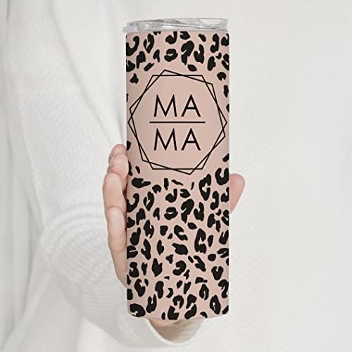 Younique Designs Leopard Mama Coffee Tumbler com palha e tampa, 20 onças, copo de aço inoxidável isolado para mulheres, copo de chá imprimido da chita, mamãe copo de copo de água da Mom Life