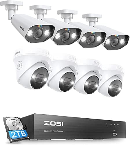 ZOSI 8CH 4K Spotlight Poe Security Camera System, câmeras de 4pcs 4k Dome Outdoor Cameras e 4pcs Bullet Poe IP Cams com áudio de duas vias e sirene, color noturno Vision, 8CH 8MP NVR com 2TB HDD para 24-7 Record