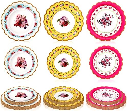 96 PCS Placas de papel floral vintage Placas de chá descartáveis ​​Decorações de festa de chá de festa Placas descartáveis ​​florais para crianças meninas Mã