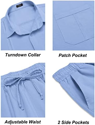Coofandy Men's 2 peças linho conjuntos casuais botão de manga longa para baixo camisa cubana e calças