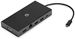 HP Travel Usb-C Multi Port Hub, USB-C Passam através de carregamento, porta Ethernet RJ45 de 1 Gbps, conexões HDMI e VGA simultâneas, múltiplos USB, SD, Micro SD-Black