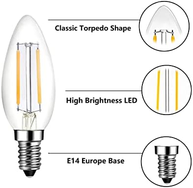 Beonllay E14 Base européia LED LED CANDELABRA BULBS 25W Equivalente, 110V 2700K Bragues E14 brancas quentes 2W 250lm para lâmpada turca, lustres europeus, pingente europeu, 6 pacote