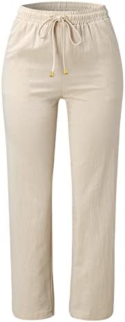 Calças de linho feminino Pontas de perna reta de verão Caminhas altas calças de cintura alta solto calças