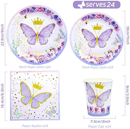 Decorações de festa de aniversário da borboleta pratos de chá de bebê para meninas, 24 porções com pratos de papel