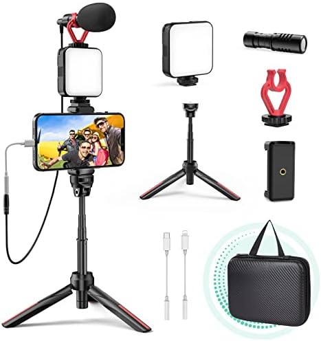Kit de vlogging de vídeo smartphone com raios e adaptadores tipo C, kit de partida do tecelks youtube com luz LED,