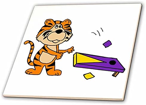 3drose engraçado tigre fofo jogando cartoon esportivos de jogo de cornhole roxo e ouro - azulejos