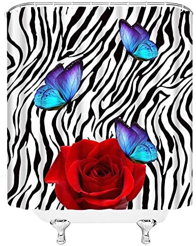 Cortina de chuveiro estampado de leopardo vermelho rosa chita safari animal selvagem estampa panthera Padrão de pele marrom Black Decoração de flor romântica Cortina de banheiro com gancho
