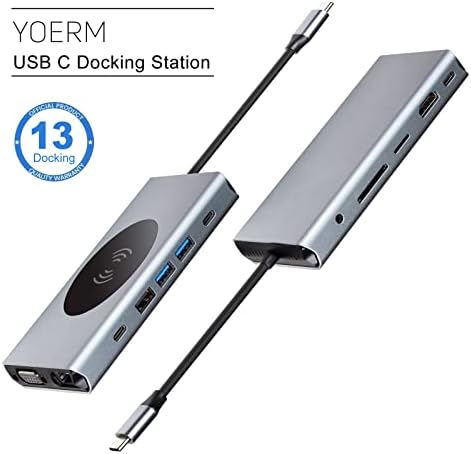 USB C Hub 13 em 1, Adaptador USB C para USB, Multiporta da Estação de Docking USB C, com carregador sem fio, HDMI, Ethernet, VGA, Audio de 3,5 mm, 100W PD, cartão SD/TF, portas USB 3.0