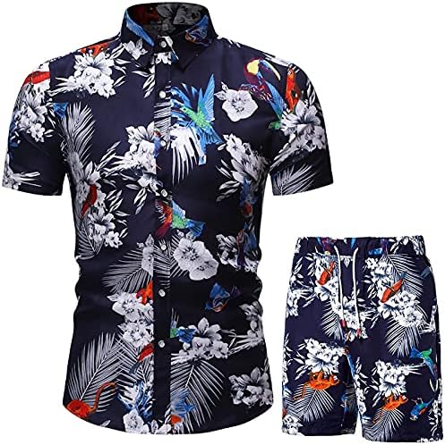 FreeBily Mens Floral Print Shirts+Shorts Definir camisas de manga curta de verão