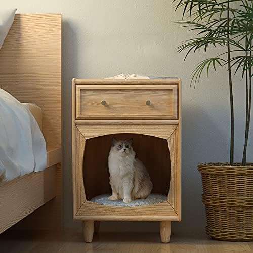 Mesa de cabeceira de madeira de guo com 2 gavetas de mobiliário de mesa de mesa com casa de gatos, para quarto, sala, 40 x 40 x 65 cm