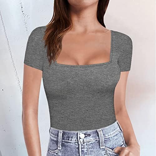 Cggmvcg tops para mulheres femininas manga curta de manga longa Camisetas de pescoço quadrado tamas de camisetas gráficas para mulheres