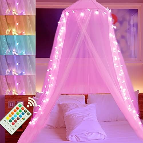 Elnsivo Cama rosa Canopy Alteração de 100 luzes de corda estrela de estrela LED Cortes de cama