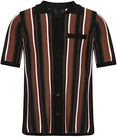 Camisas de malha de manga curta masculinas Botão de lapela de faixa vintage