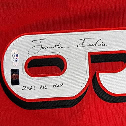 Jonathan India emoldurado/assinado 33x42 2021 NL Roy Cincinnati Red Baseball Jersey JSA CoA