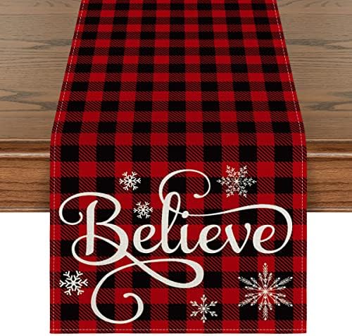 Modo Artóide Red e Black Buffalo Plaid Believe Table Runner, Decoração sazonal de mesa de jantar de feriado de Natal de inverno