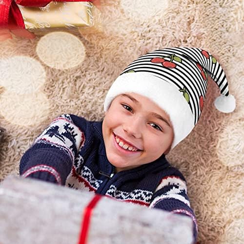 Cereja e listras luxuosas chapéu de natal travessura e lindas chapéus de Papai Noel com borda de pelúcia e