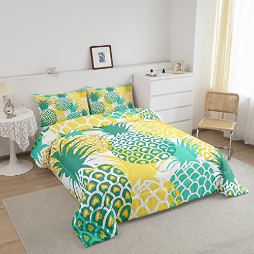 Conjunto de edredom de abacaxi com travesseiro de roupas de cama de frutas amarelas verdes Meninas Mulheres Mulheres