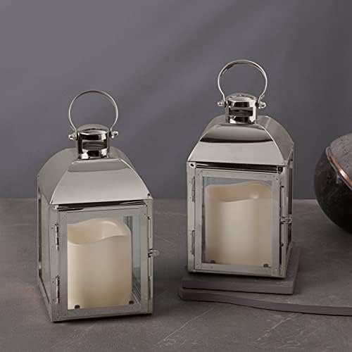 Lanterna decorativa de prata, conjunto de 2 - velas sem chamas LED, 8 polegadas, bateria operada,