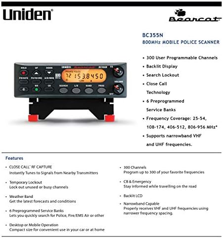 UNIDEN BC355N 800 MHz de 300 canais/scanner móvel, Captura de RF Close Call, Black & Tram 1089-BNC Mini-Magnet Antenna VHF/UHF/800MHz-1, 300MHz com conector BNC-Male