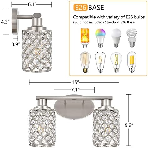 2 luminárias leves de banheiro, luz de vaidade da fazenda moderna, luzes de níquel escovado sobre espelho, luminária de vaidade de cristal para banheiro, lavabo