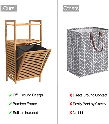 Armário de cesto de lavanderia de bambu, armário de armazenamento de banheiro com cesta, prateleiras e alças