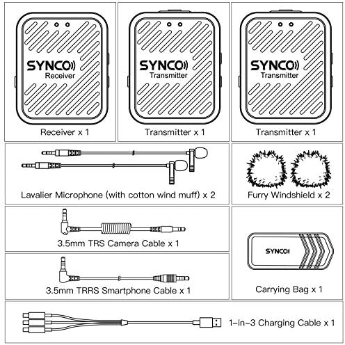 Synco G1 A2 A2 Sistema de microfone sem fio Lavalier de 2,4 GHz com 2 transmissores, 1 receptor e 1