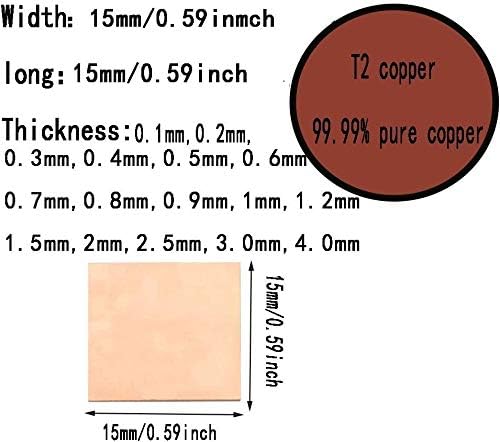 Lucknight Cu Placa de cobre Folha de cobre T2 Folha de metal Folha de cobre Materiais industriais 15 * 15mm