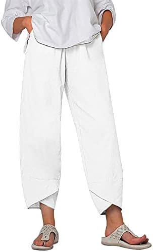 Calças de linho de algodão para mulheres 2023 Summer Elastic Waist Capri Pants casuais calças de praia de perna