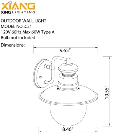 Xiang Xing iluminação clássica Luz de parede externa, C21, lâmpada de parede externa, ETL listado, impermeável e resistente ao tempo, soquete E26, moradia preta mate com cobertura clara, 2-pacote