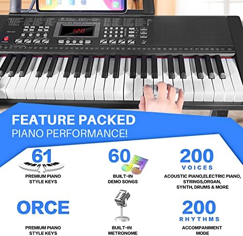 CAMIDE 61 Piano de teclado para iniciantes com alto -falantes, suporte de piano digital, bancada,