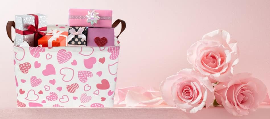 Caixa de armazenamento de presente de cesta rosa retangular, organizador de caixas de armazenamento do coração