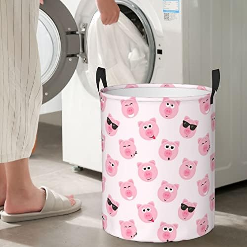 Cesto de lavanderia redonda do rosto rosa engraçado, cestas de roupas altas dobráveis, bolsa de lavar para