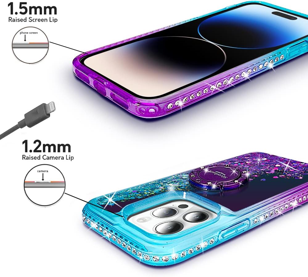 Silverback para iPhone 14 Pro Case, movimentando liquidação líquida de brilho holográfico com kickstand,