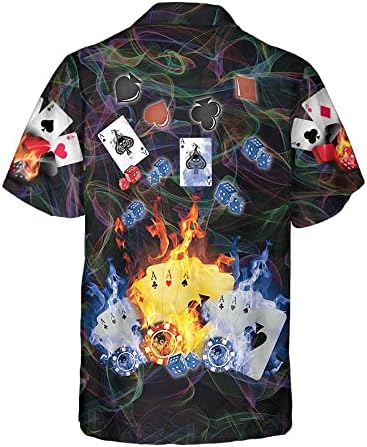 Camisa havaiana de cassino de pôquer flamejante, camisa de cassino de chamas para adultos, camisa